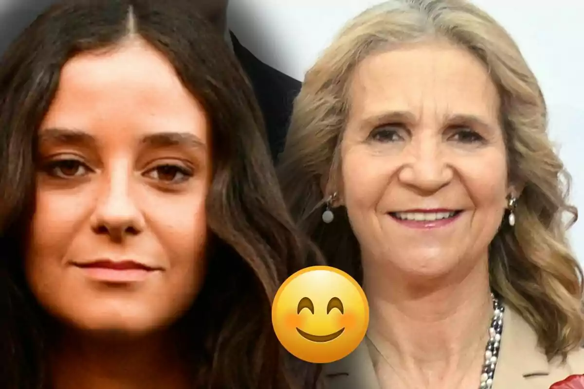 Victoria Federica and Infanta Elena smiling with a happy face emoji in the center