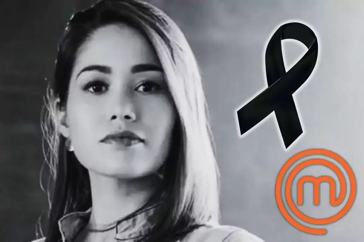Yanin Campos en blanco y negro con un moño negro de luto y el logo de MasterChef en la esquina