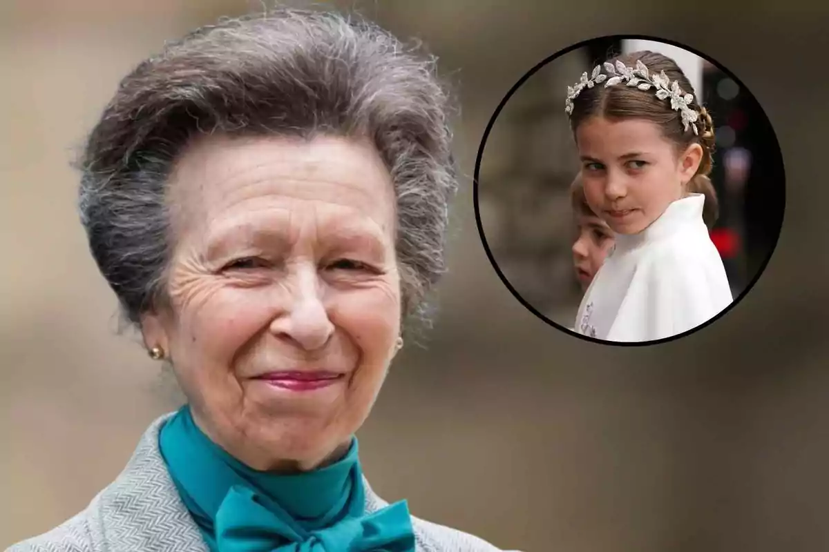 La princesa Aana sonríe levemente mientras lleva un abrigo gris y una blusa azul con moño, en la esquina superior derecha aparece un círculo con la princesa Charlotte de cabello recogido y diadema plateada vestida de blanco.