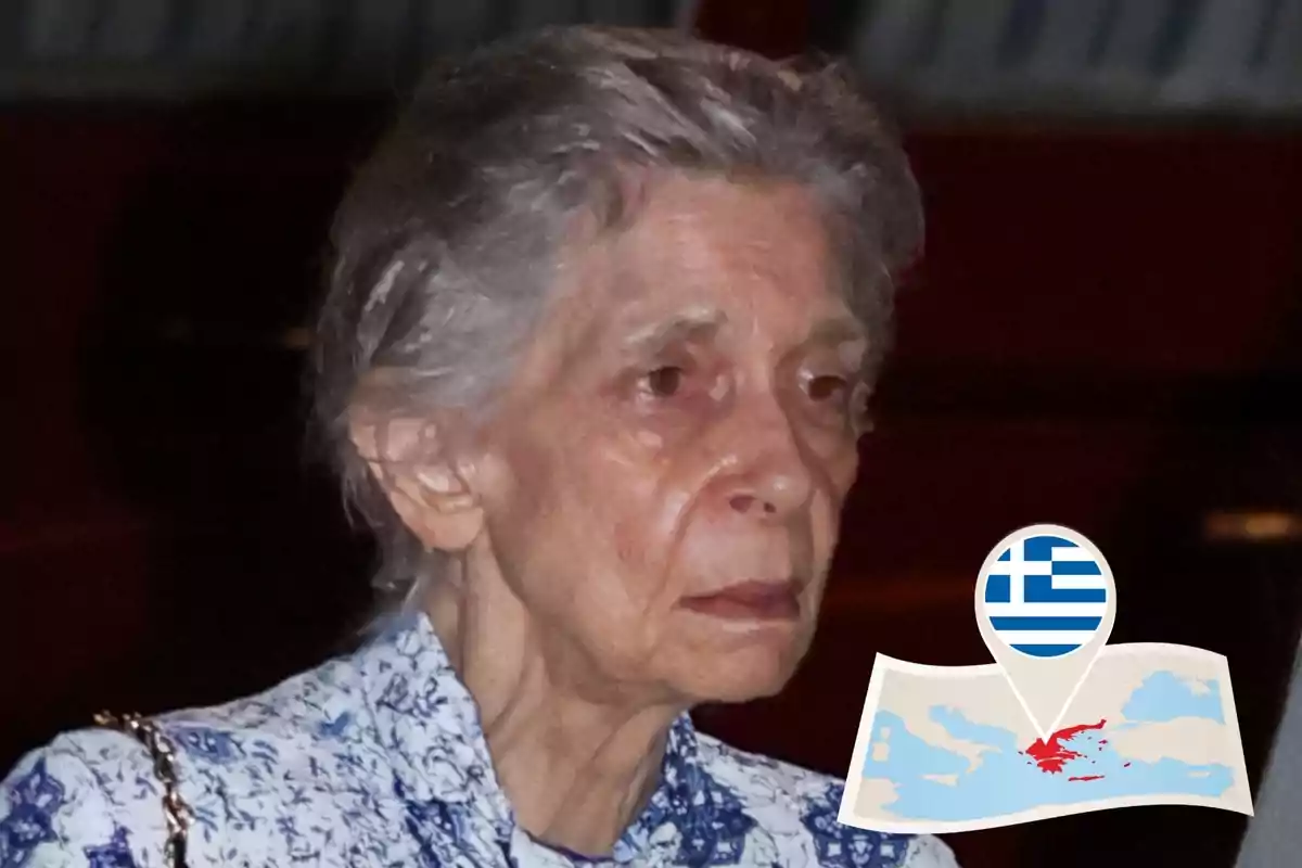 Muntatge amb la princesa Irene, de cabell canós i expressió seriosa, i un gràfic d’un mapa amb un marcador que té la bandera de Grècia.