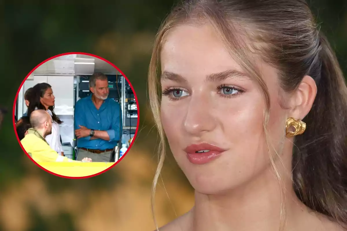Close-up of Princess Leonor with gold earrings, and in the background a circle showing the kings visiting the fire-affected areas in Zamora.