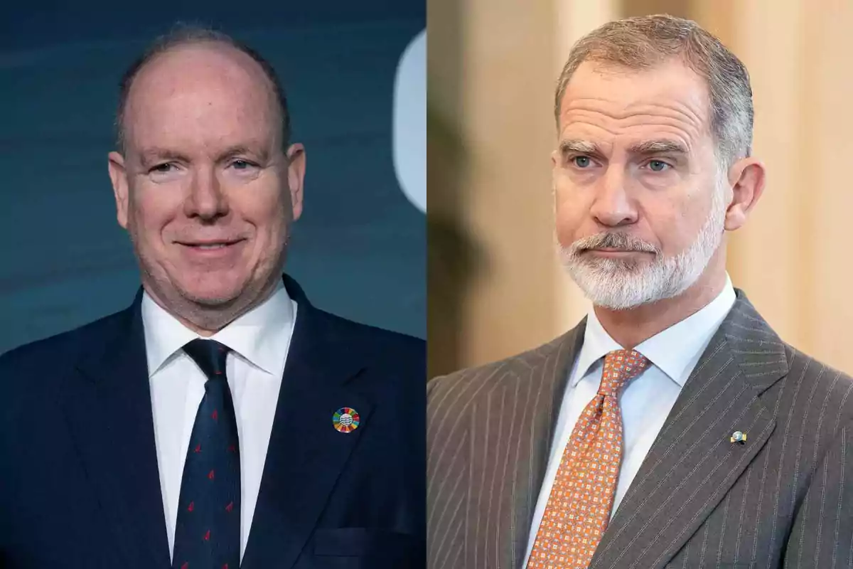 El príncipe Alberto de Mónaco y el rey Felipe vestidos con traje y corbata posan en retratos formales uno con fondo azul y el otro con fondo beige El príncipe Alberto de Mónaco y el rey Felipe vestidos con traje y corbata posan en retratos formales uno con fondo azul y el otro con fondo beige