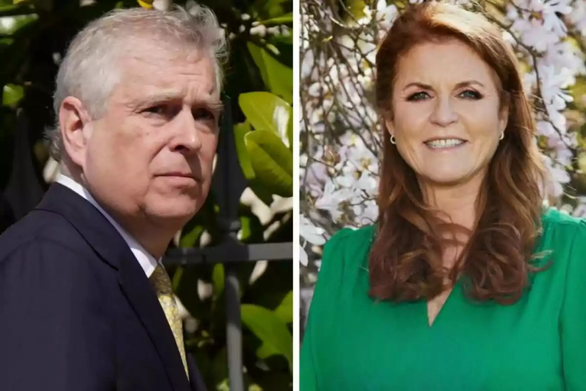 A gray-haired man in a dark suit and yellow tie is outdoors next to a red-haired woman in a green dress who is smiling in front of a background of white flowers. A gray-haired man in a dark suit and yellow tie is outdoors next to a red-haired woman in a green dress who is smiling in front of a background of white flowers.