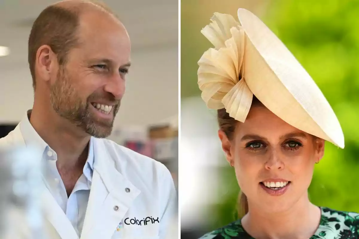 El príncep Guillem amb bata blanca somriu en un entorn interior mentre la princesa Beatriu amb barret elegant posa a l’aire lliure. El príncep Guillem amb bata blanca somriu en un entorn interior mentre la princesa Beatriu amb barret elegant posa a l’aire lliure.
