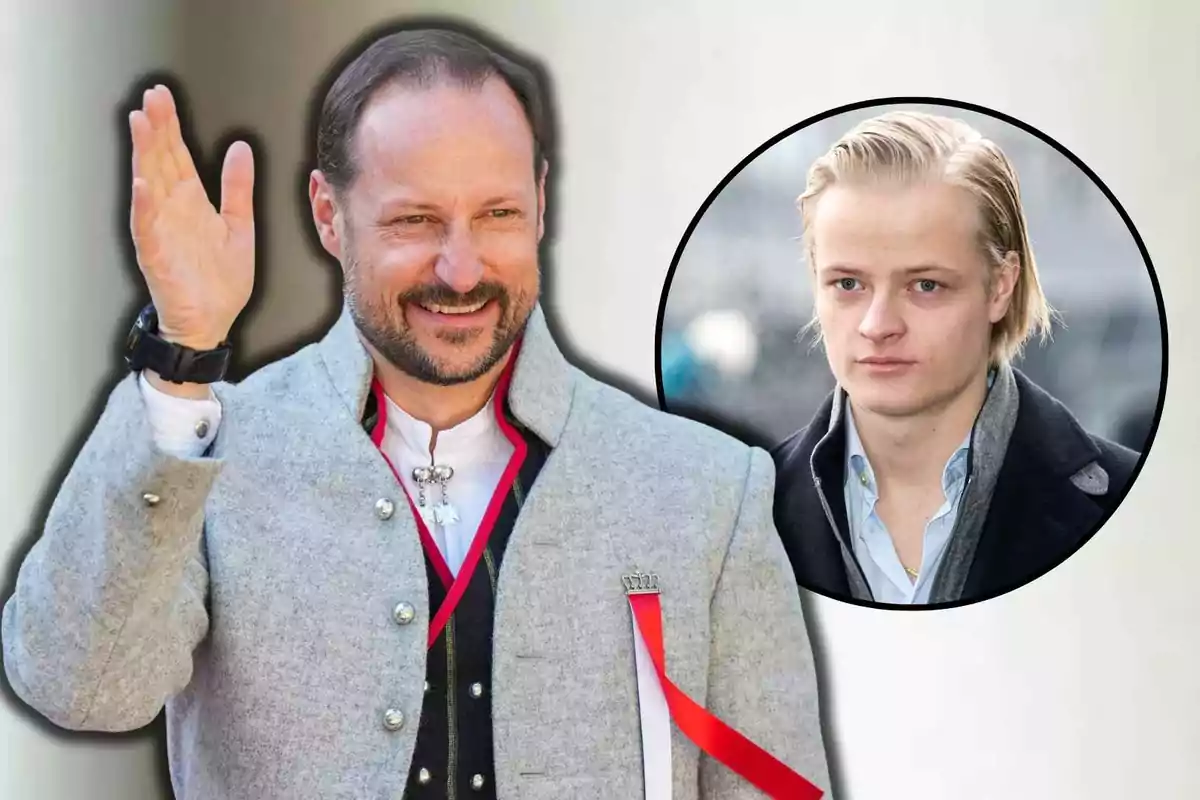 Prince Haakon, with a beard and short hair, smiles and waves while wearing a traditional gray coat; in the background appears the portrait of Marius Borg with a serious expression.