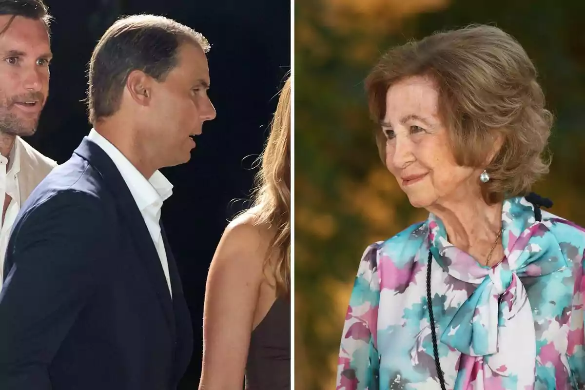 Fotomontaje con dos imágenes, a la izquierda Rafa Nadal de perfil vestido con traje oscuro y camisa blanca junto a otras personas, a la derecha la reina Sofía con blusa de colores y lazo, sonriendo y mirando hacia la izquierda Fotomontaje con dos imágenes, a la izquierda Rafa Nadal de perfil vestido con traje oscuro y camisa blanca junto a otras personas, a la derecha la reina Sofía con blusa de colores y lazo, sonriendo y mirando hacia la izquierda
