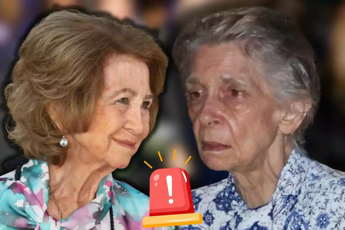 La reina Sofía y la princesa Irene mirándose de frente con una sirena de alerta dibujada en el centro