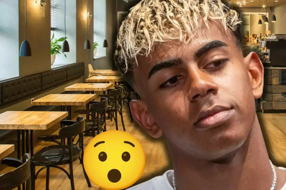Lamine Yamal amb expressió seriosa apareix en primer pla sobre el fons d’una cafeteria buida, acompanyat d’un emoji de sorpresa.
