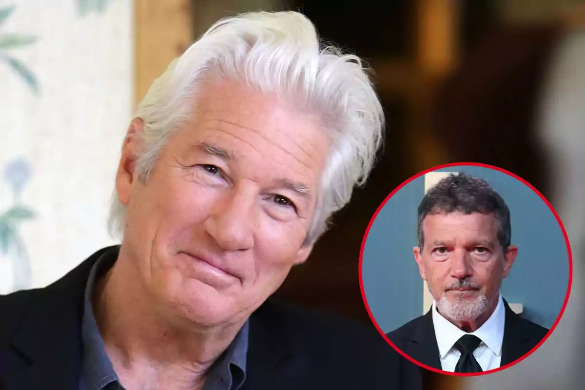 Richard Gere, with gray hair smiling in a close-up, and Antonio Banderas, with short hair and a beard inside a red circle