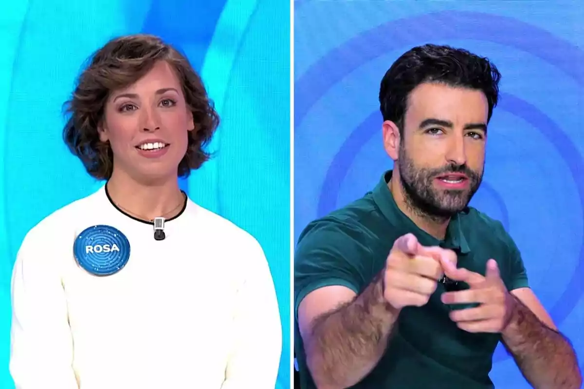Rosa Rodríguez i Rafa Castaño en un plató de televisió amb fons blau, una dona somrient amb samarreta blanca i un home amb samarreta verda assenyalant cap a la càmera. Rosa Rodríguez i Rafa Castaño en un plató de televisió amb fons blau, una dona somrient amb samarreta blanca i un home amb samarreta verda assenyalant cap a la càmera.