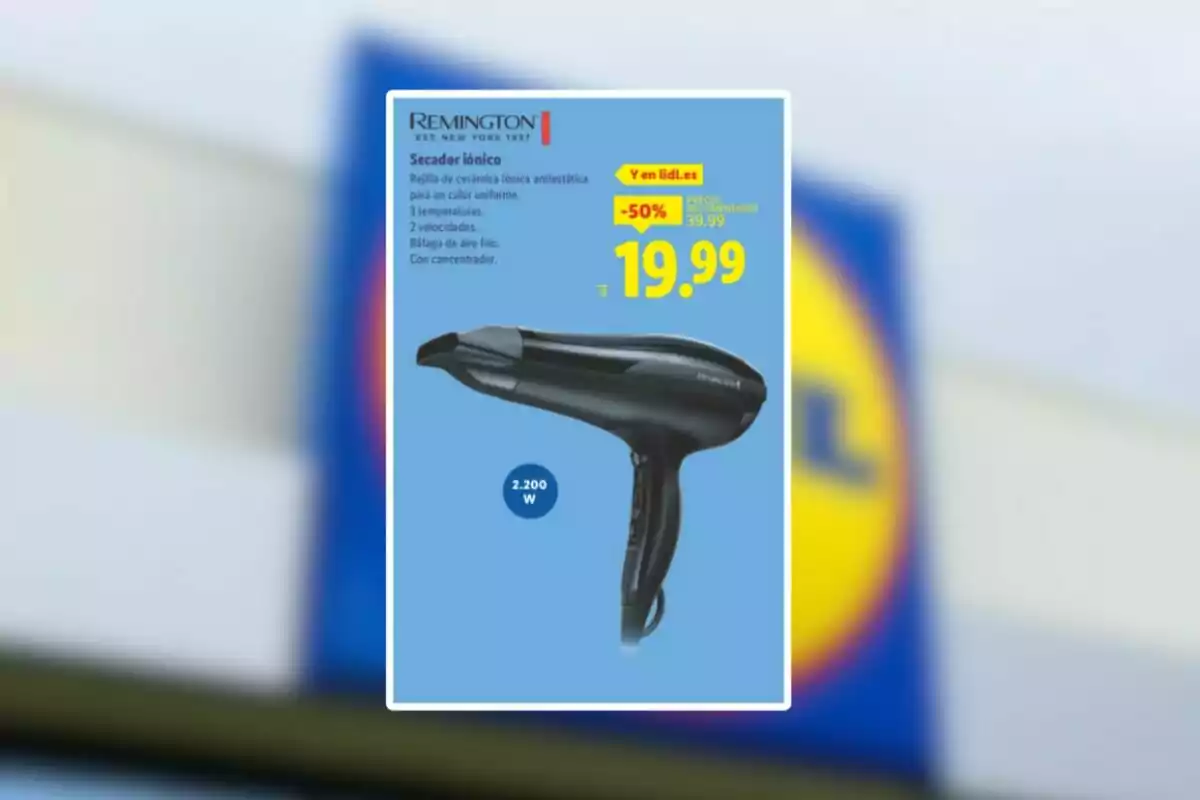 Remington ionic hair dryer on sale for 19.99 euros with a blurred Lidl advertising poster in the background Remington ionic hair dryer on sale for 19.99 euros with a blurred Lidl advertising poster in the background
