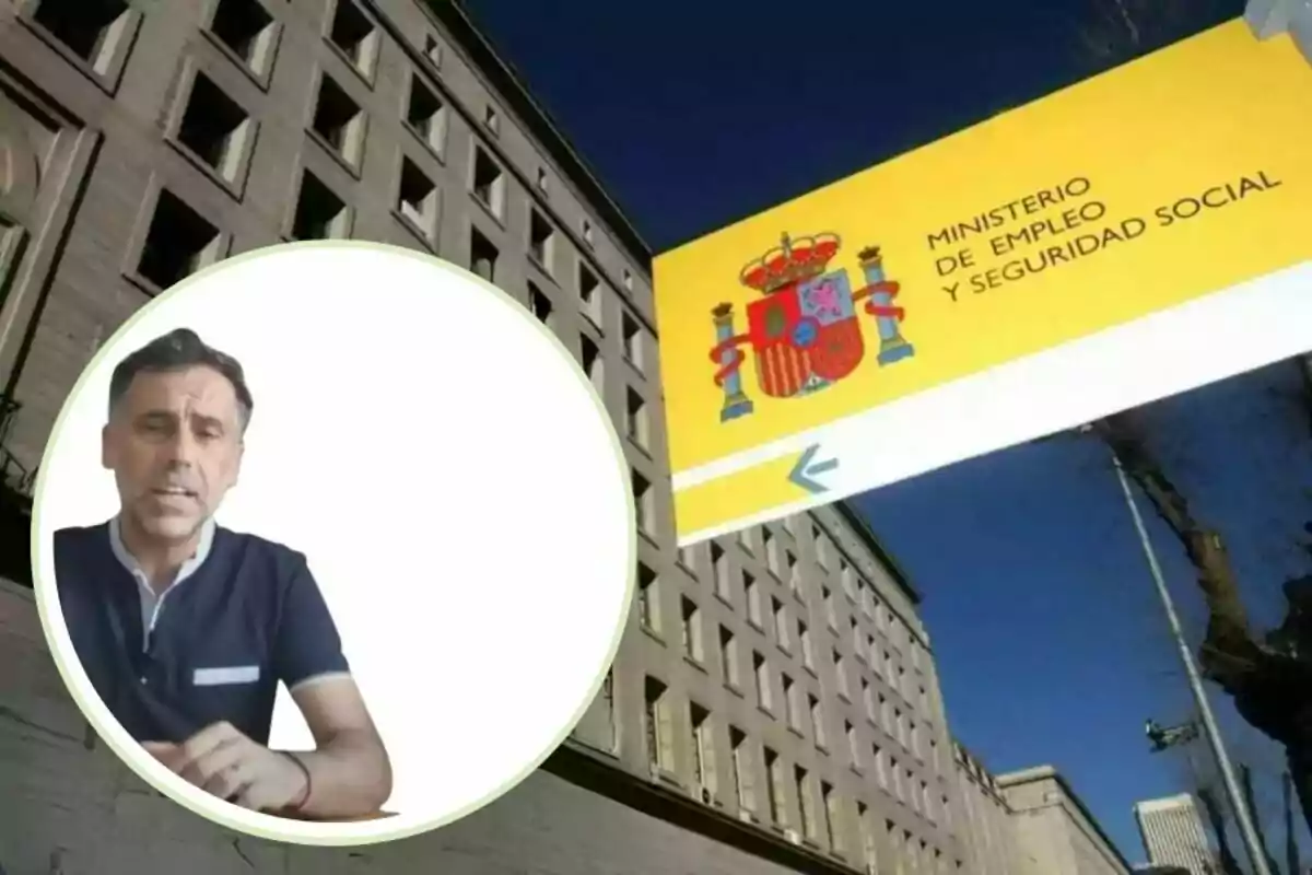 Un home apareix en un requadre sobre una imatge d’un edifici amb un cartell groc del Ministeri d’Ocupació i Seguretat Social d’Espanya