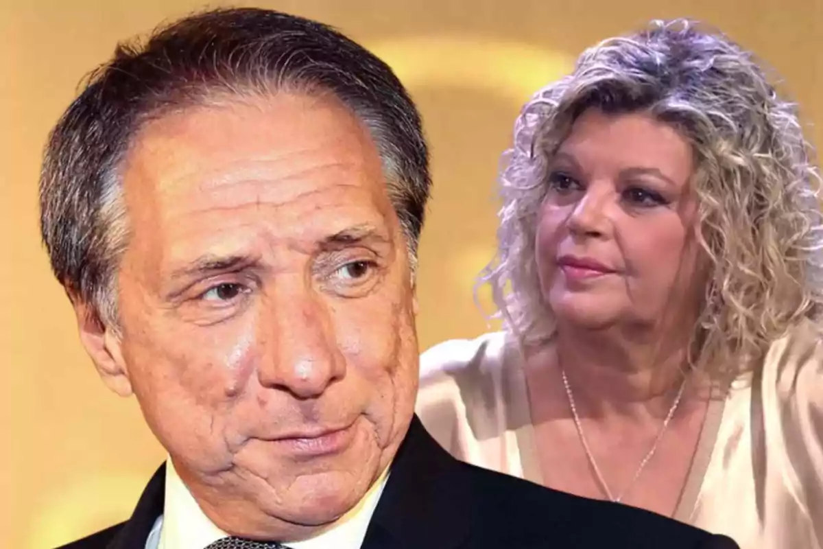 Alejandro Rubio de cabell canós i expressió seriosa en primer pla amb Terelu Campos de cabell arrissat i expressió neutral al fons sobre un fons groc difuminat