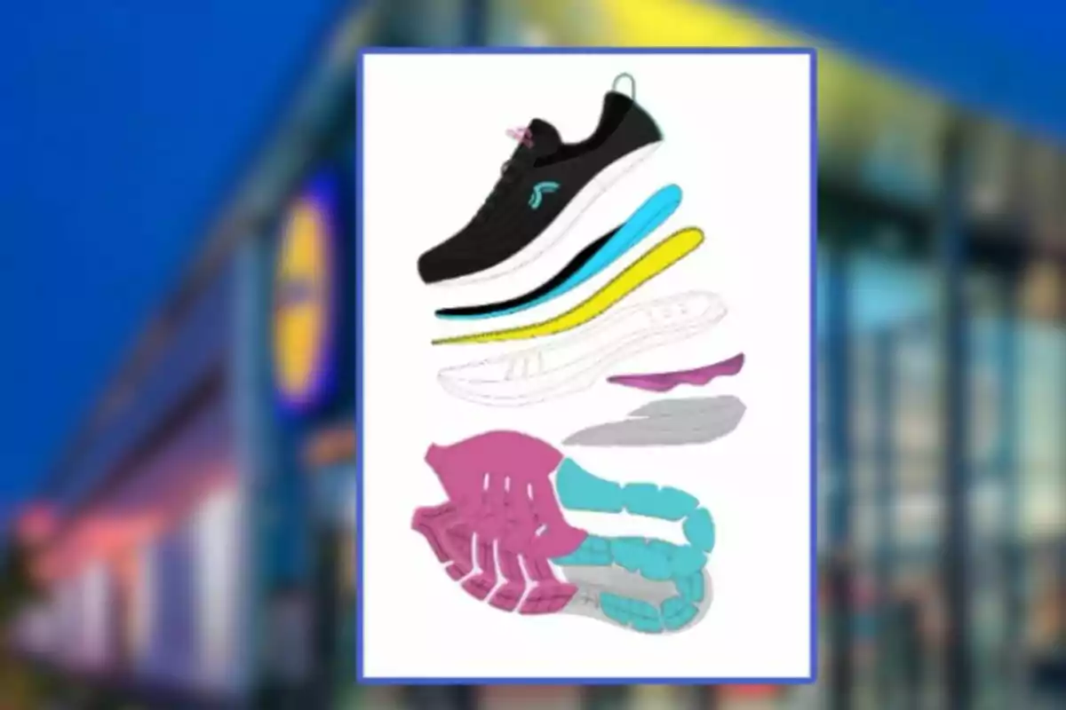 Il·lustració d’una sabatilla esportiva negra amb les seves diferents capes i materials desglossats en colors sobre un fons borros d’una botiga Il·lustració d’una sabatilla esportiva negra amb les seves diferents capes i materials desglossats en colors sobre un fons borros d’una botiga