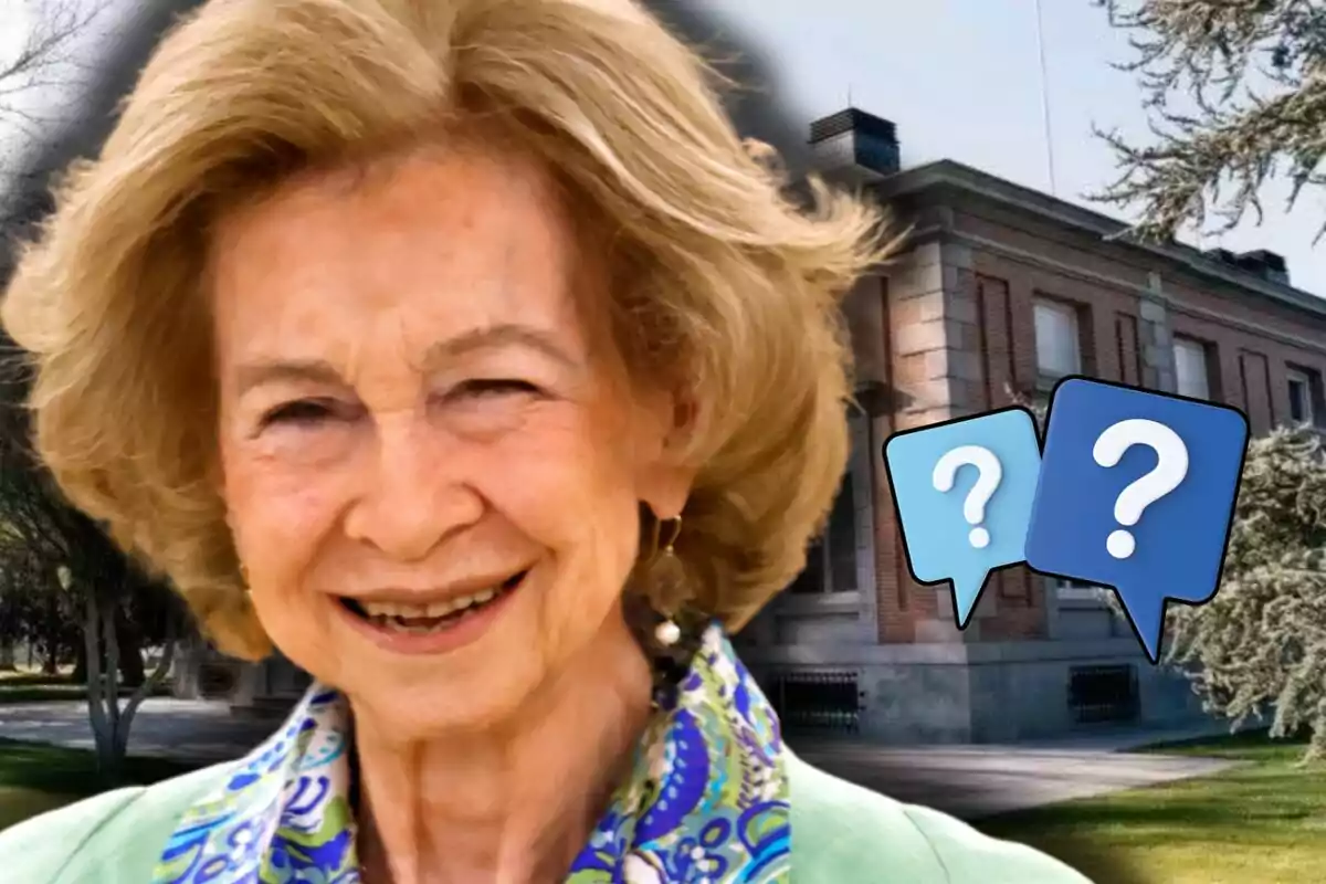 Queen Sofía smiling with light blonde hair in front of a brick building and two speech bubbles with question marks
