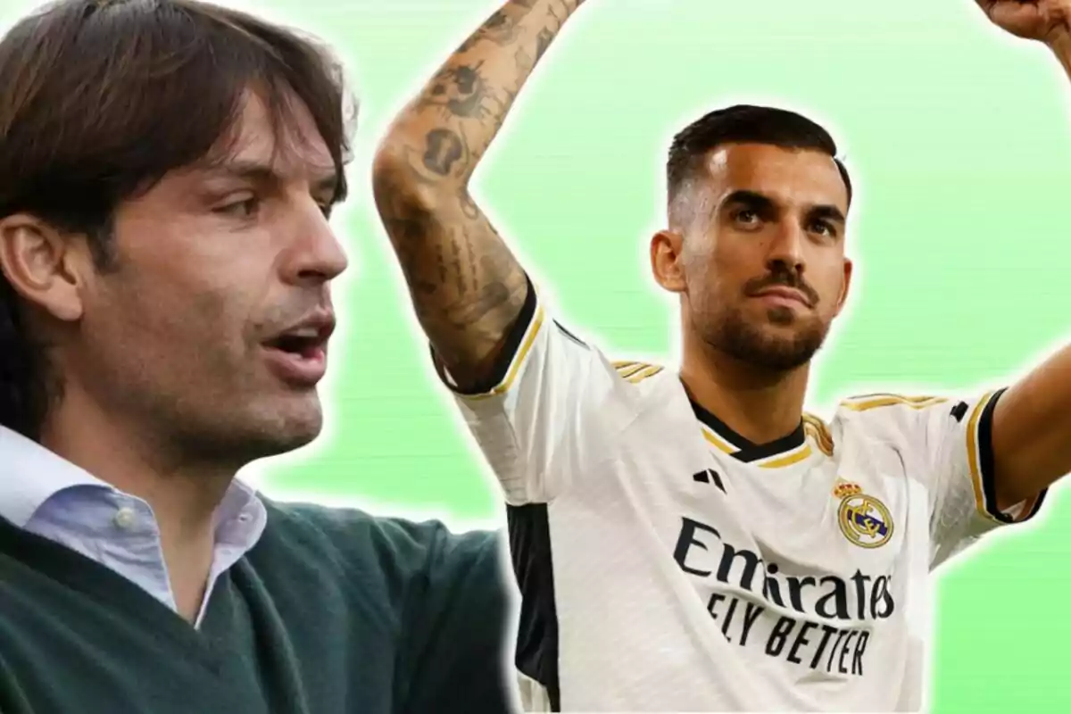 Un hombre de cabello castaño con suéter verde y camisa blanca aparece junto a un futbolista con uniforme del Real Madrid y brazos levantados sobre un fondo verde claro.