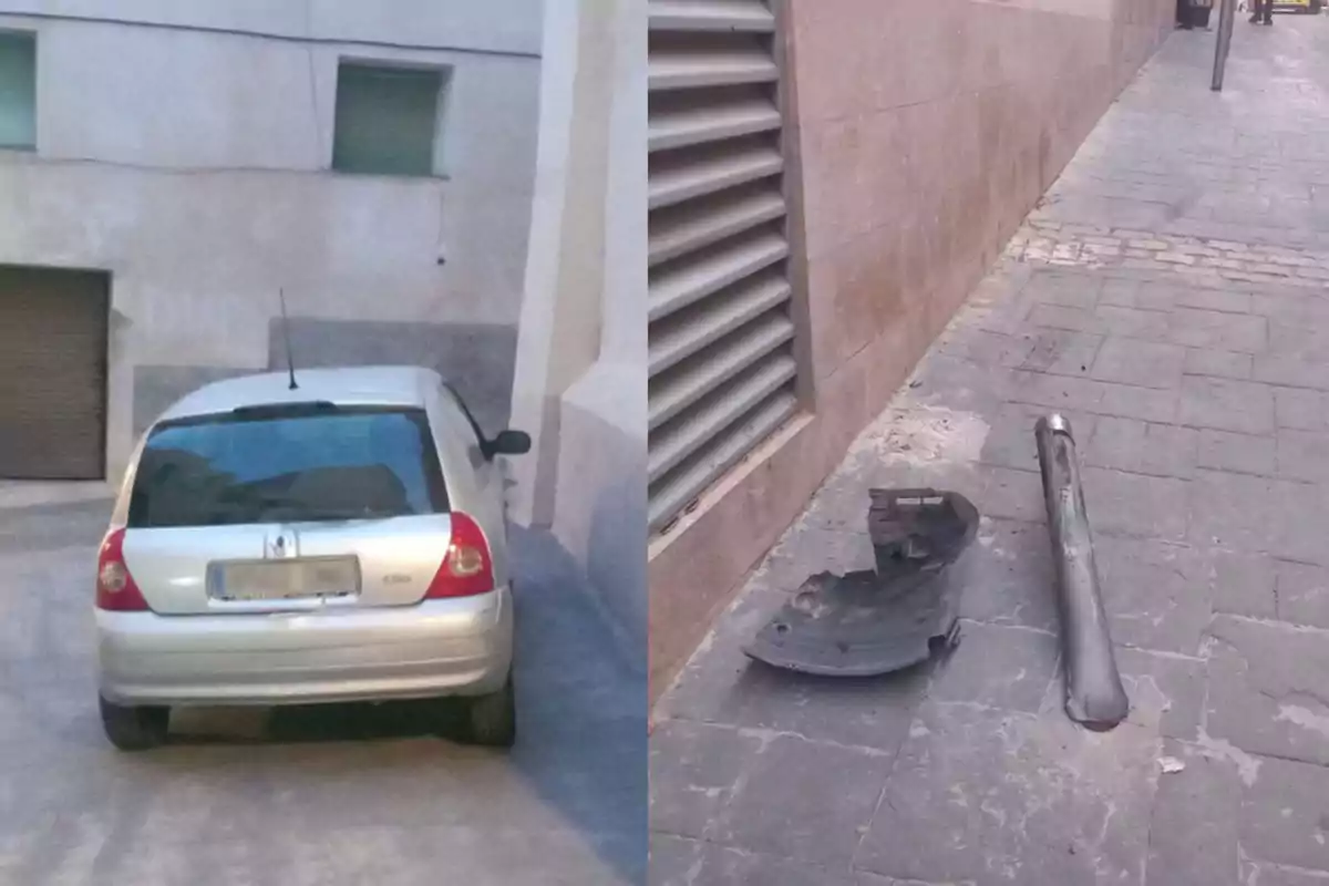Un cotxe platejat mal estacionat al costat d’una paret i a la vorera propera hi ha un bolard i una peça de plàstic danyats.