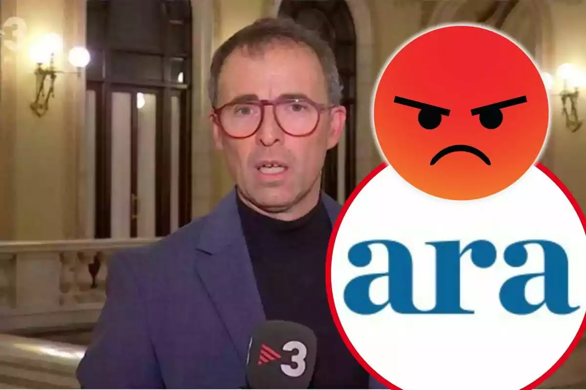 Home amb ulleres vermelles parlant davant d’una càmera de televisió amb un micròfon de TV3 i un gràfic superposat d’una cara enfadada i el logotip d’ara