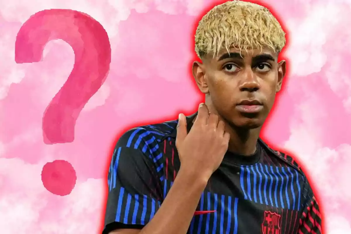 Young player with blonde hair and a blue and black striped jersey in front of a pink background with a large question mark