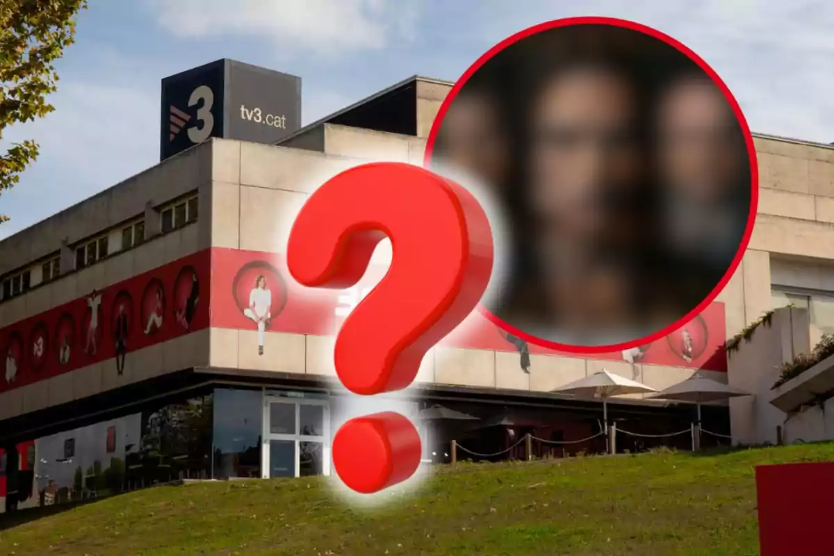 Edificio de TV3 con un gran signo de interrogación rojo y un círculo borroso en primer plano