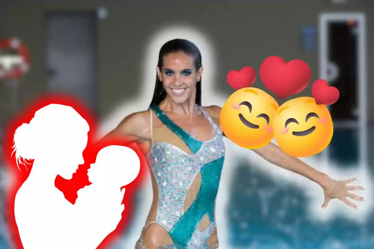 Dona amb banyador de natació sincronitzada somriu, acompanyada d’un dibuix de mare amb nadó i dos emojis de cares felices amb cors