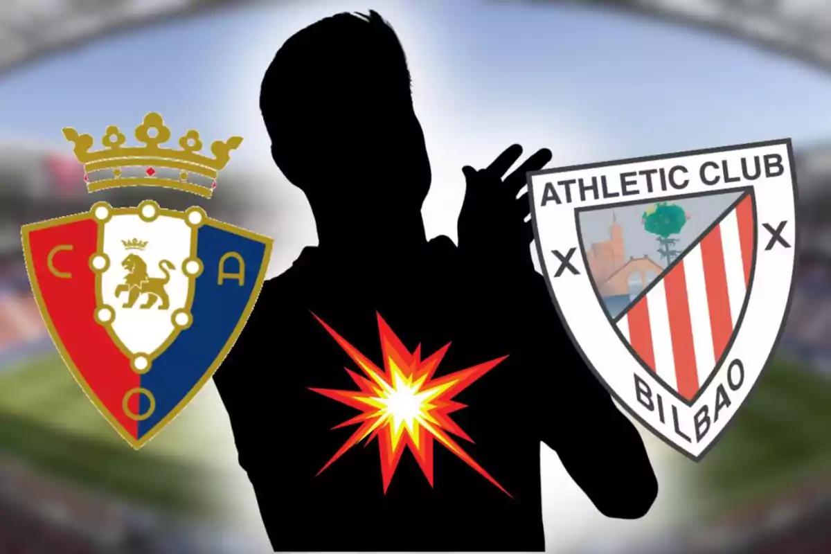 Silueta de una persona con un estallido en el pecho entre los escudos de los equipos de fútbol Osasuna y Athletic Club de Bilbao