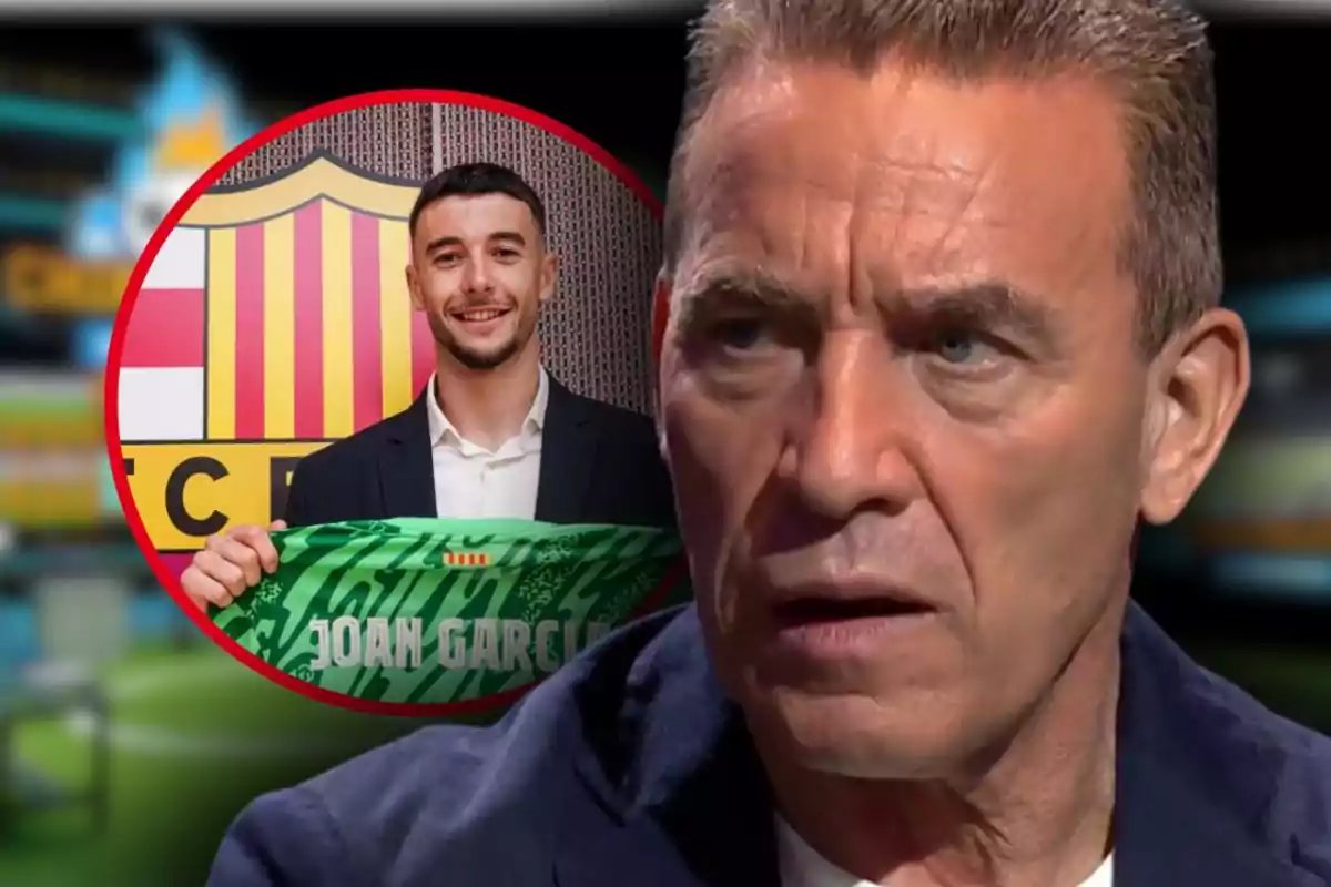 Primer plano de un hombre con expresión seria y al fondo un recuadro con un joven sonriente sosteniendo una camiseta de fútbol que tiene el nombre Joan García