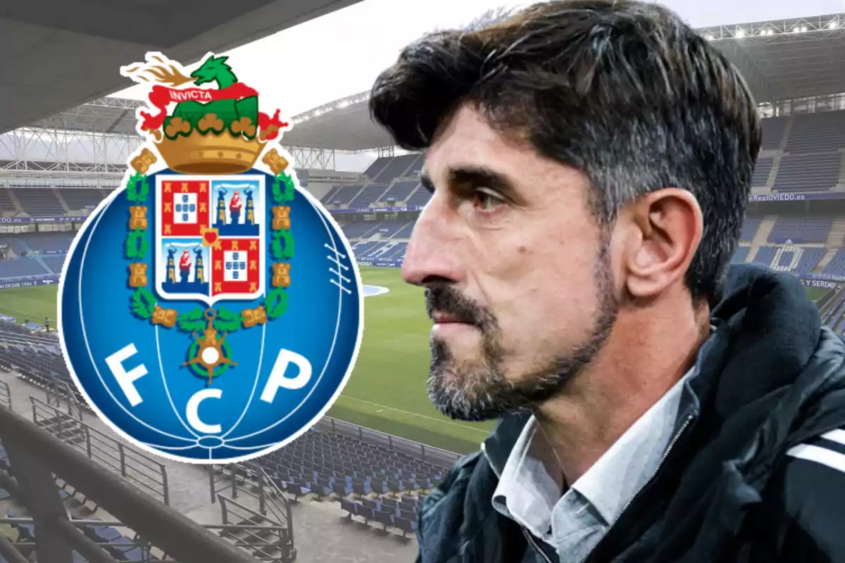 Un hombre de perfil con barba y cabello oscuro aparece en primer plano, al fondo se observa un estadio de fútbol vacío y el escudo del FC Porto en tamaño grande.