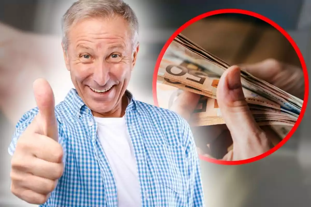 Home gran somrient amb el polze aixecat i un cercle mostrant bitllets d’euro a la mà