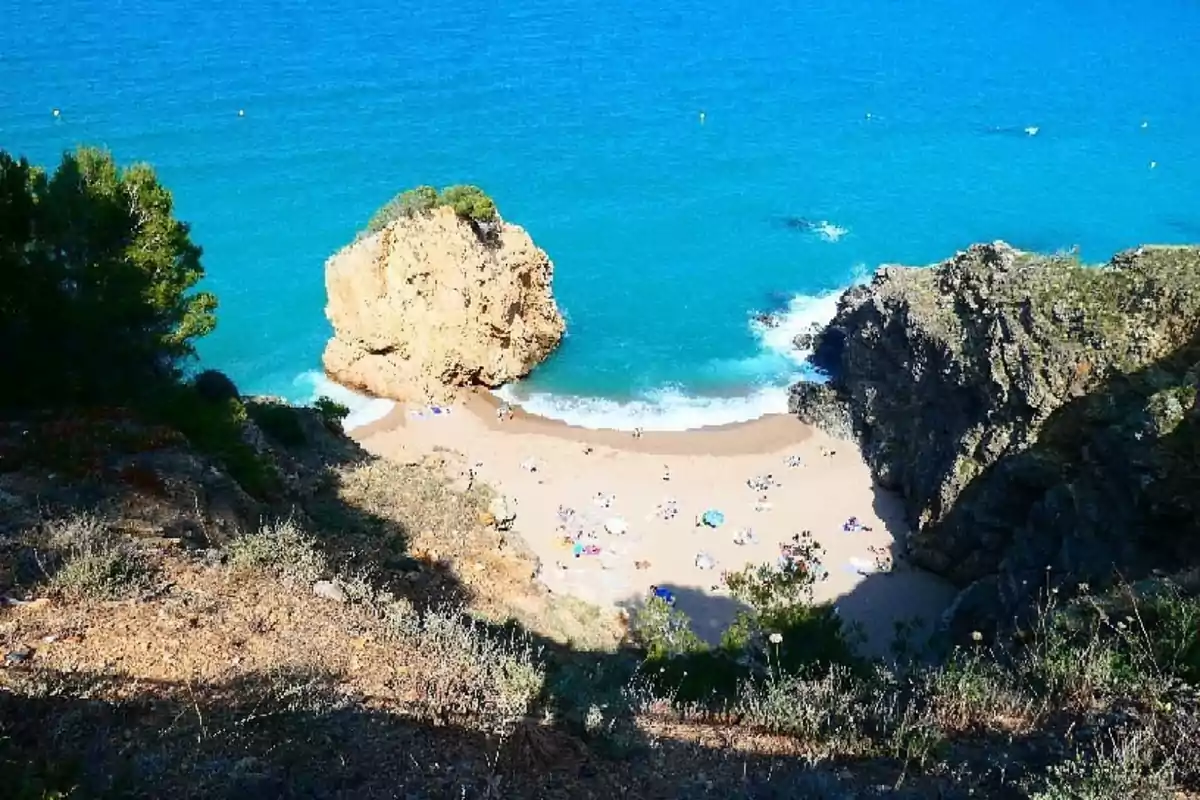 Vista des de dalt d’una petita cala de sorra daurada envoltada de penya-segats i vegetació, amb para-sols de colors i el mar blau turquesa al fons. Vista des de dalt d’una petita cala de sorra daurada envoltada de penya-segats i vegetació, amb para-sols de colors i el mar blau turquesa al fons.