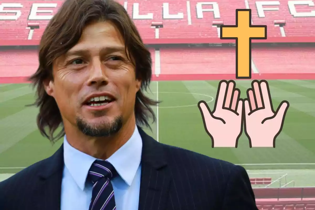Hombre de cabello largo y traje frente a un estadio de fútbol con una cruz y manos levantadas en señal de oración sobrepuestas en la imagen