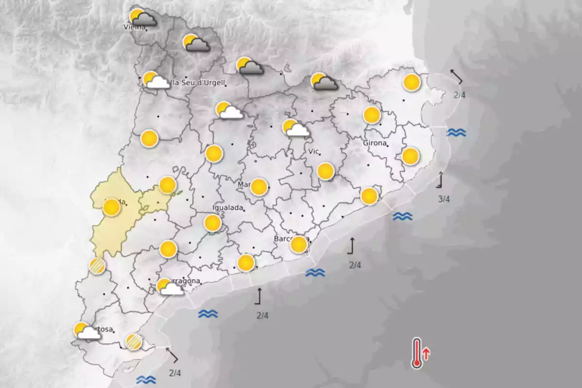 Previsión para este jueves 7 de agosto, con las comarcas de Segrià y Pla d'Urgell marcados en amarillo por calor intenso Previsión para este jueves 7 de agosto, con las comarcas de Segrià y Pla d'Urgell marcados en amarillo por calor intenso