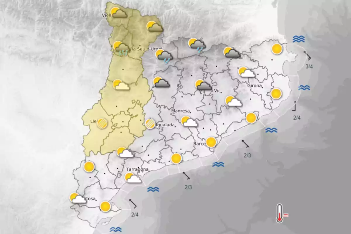 Previsió meteorològica per al dissabte amb algunes comarques marcades en groc per l’alerta per altes temperatures.