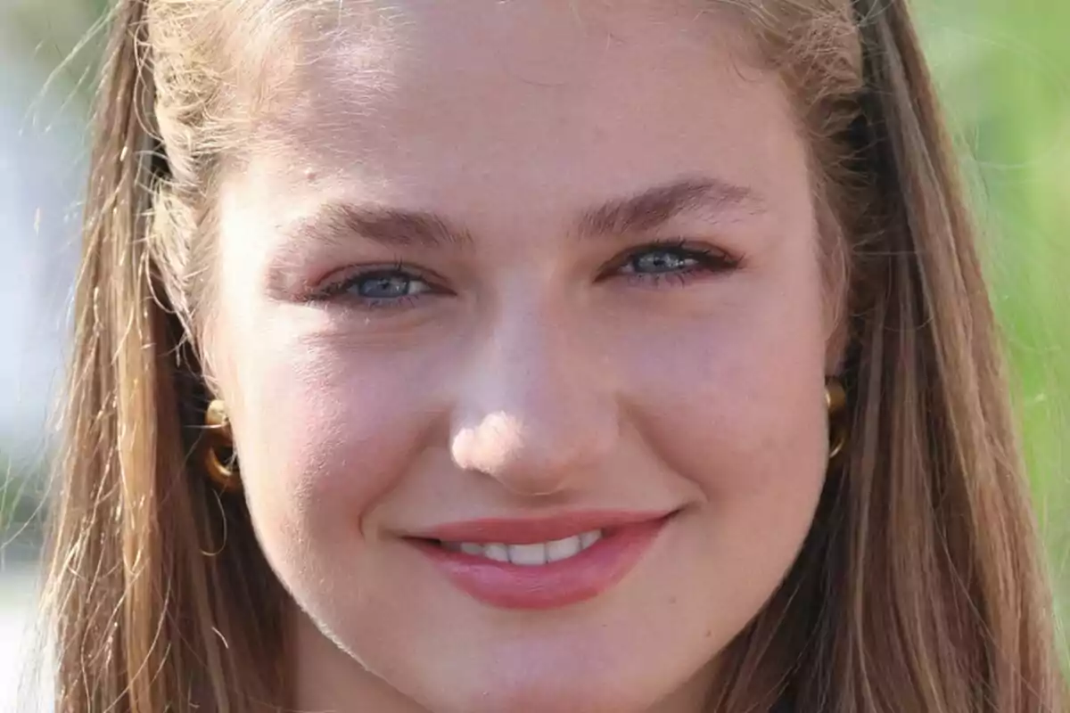 Extreme close-up of Princess Leonor of Bourbon smiling outdoors. Extreme close-up of Princess Leonor of Bourbon smiling outdoors.