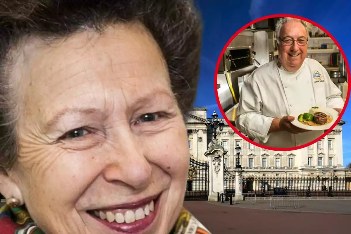 Una dona somrient en primer pla amb el Palau de Buckingham de fons i un xef sostenint un plat de menjar dins d’un cercle vermell a la cantonada superior dreta