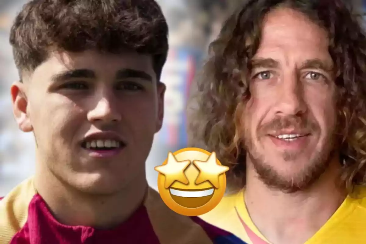 Dos homes amb samarretes esportives i un emoji de cara somrient amb estrelles als ulls al centre de la imatge