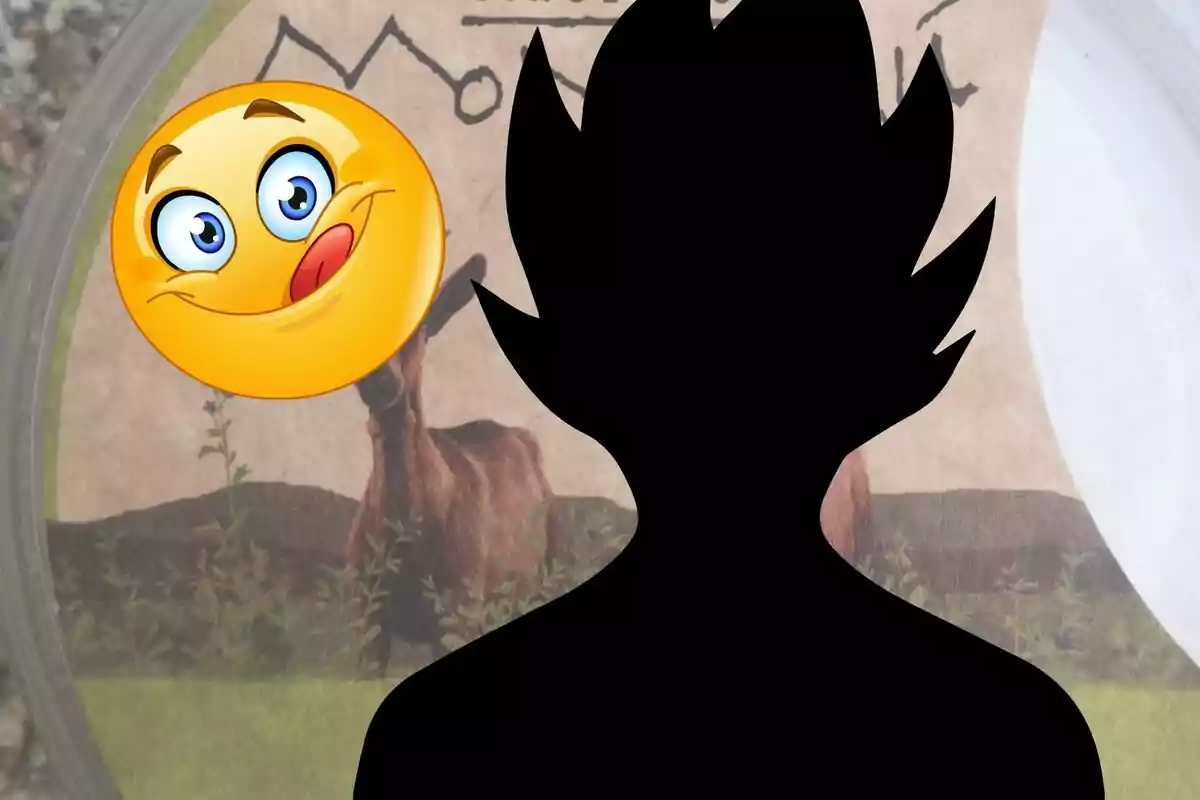 Silueta de personaje animado con cabello en punta frente a una imagen de cabra y un emoji sonriente con expresión juguetona