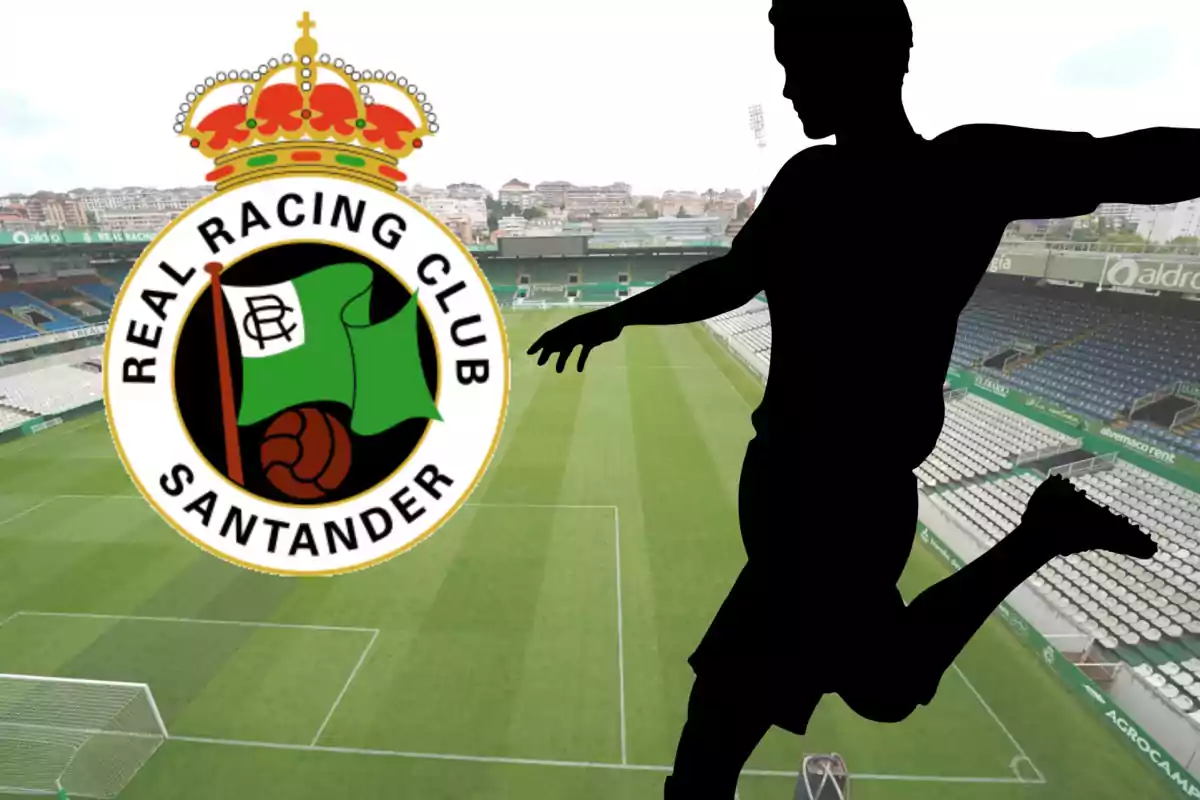 Escudo del Real Racing Club de Santander junto a la silueta de un futbolista en un estadio de fútbol vacío
