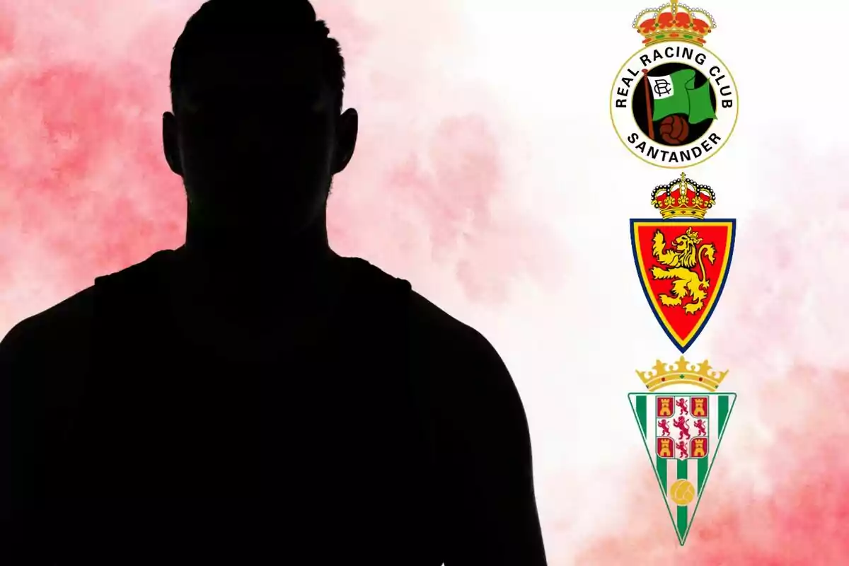Silueta d’una persona davant d’un fons rosat amb els escuts del Racing de Santander, el Real Zaragoza i el Còrdova a la dreta