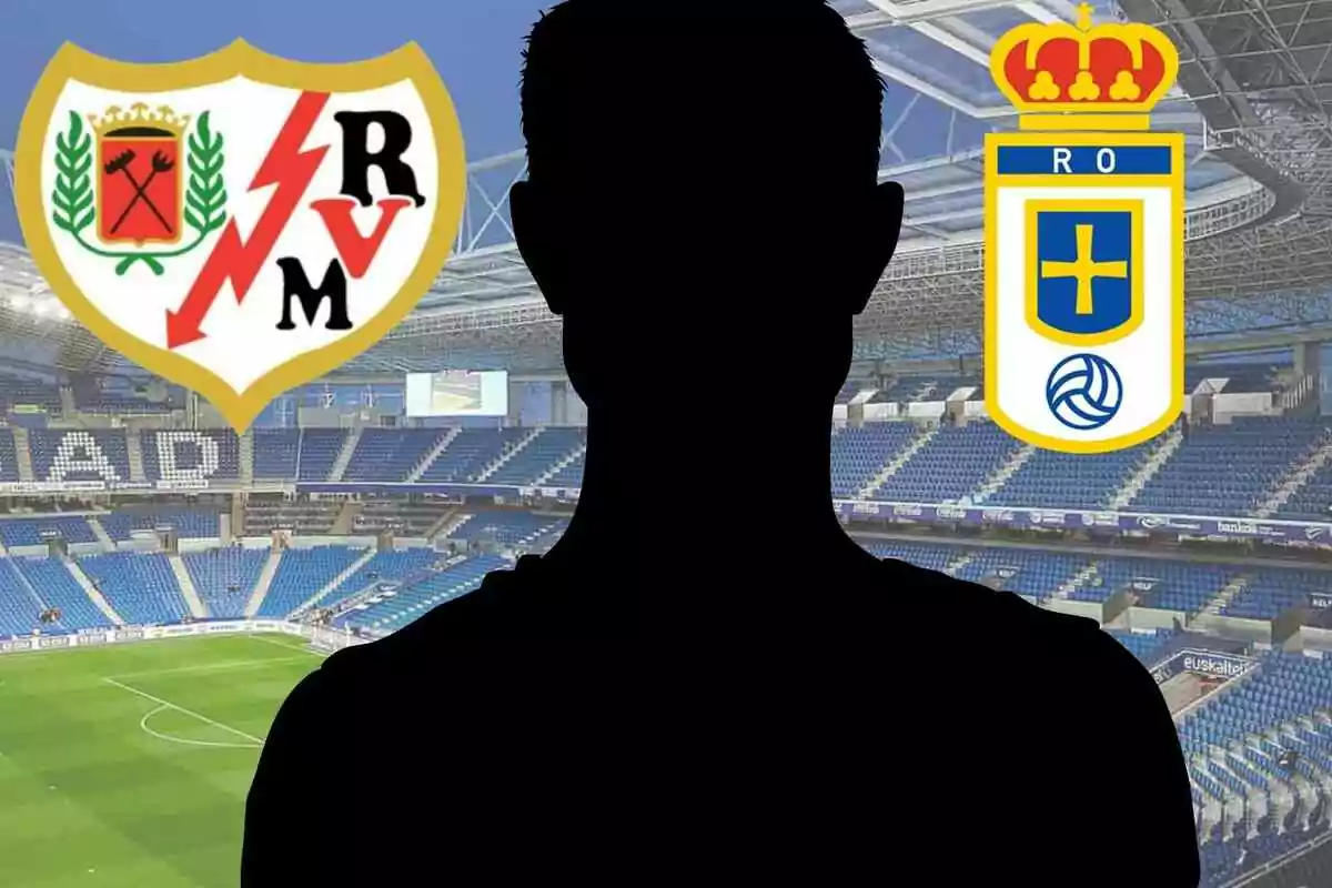 Silueta d’una persona davant d’un estadi de futbol amb els escuts del Rayo Vallecano i el Real Oviedo a la part superior