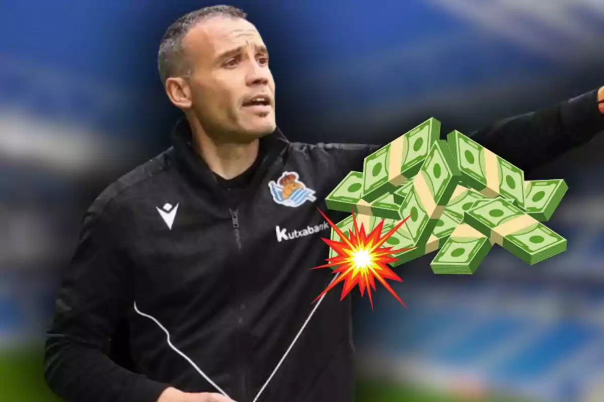 Entrenador de fútbol señalando mientras aparece un montón de billetes y un efecto de explosión sobre su brazo