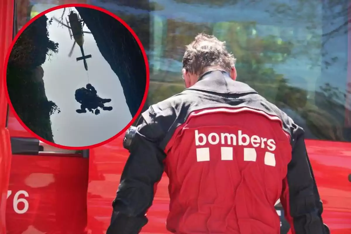 Un bomber d’esquena amb jaqueta vermella al costat d’un vehicle d’emergència i un requadre mostra un rescat aeri amb helicòpter en una zona de difícil accés.