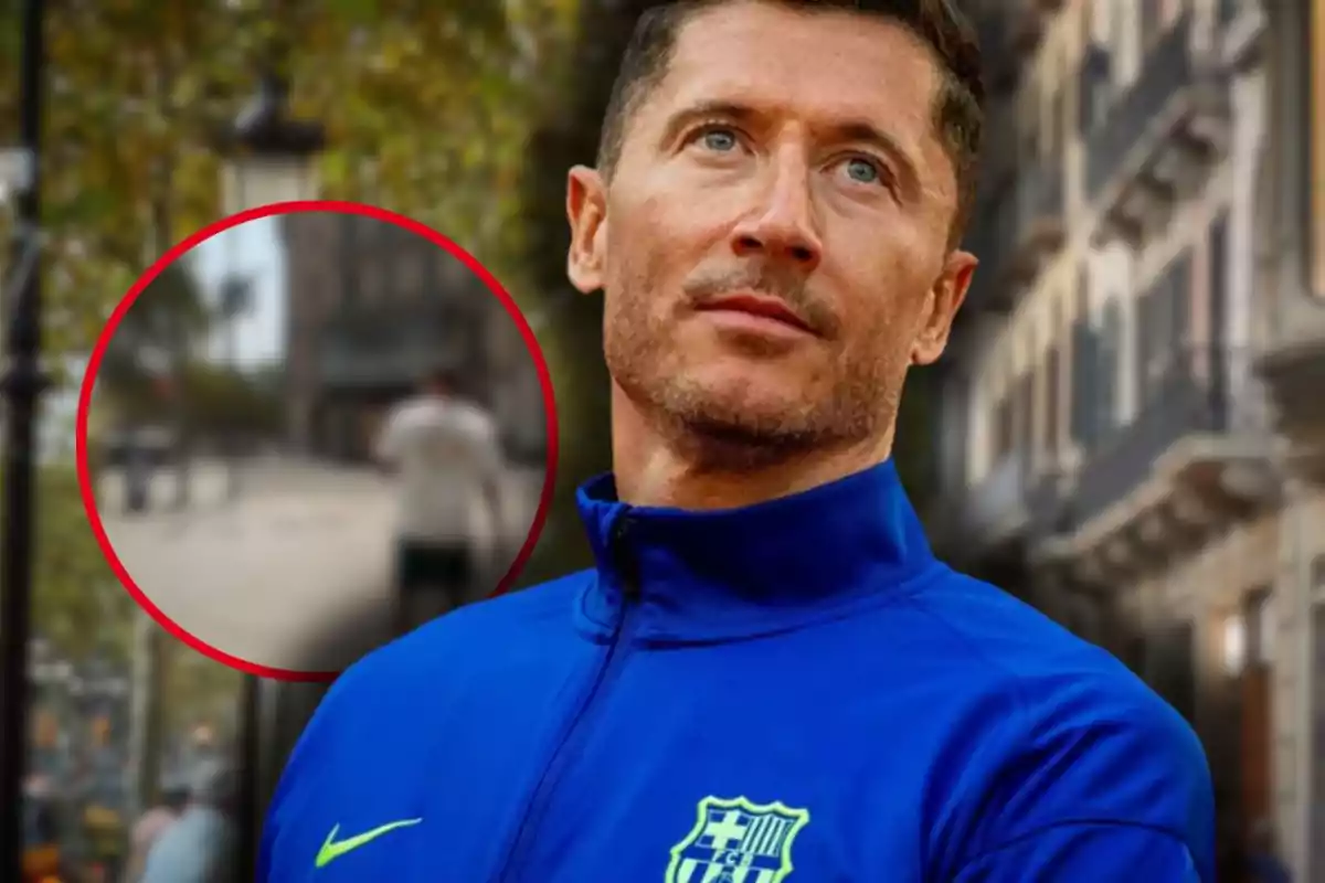 Man wearing a blue FC Barcelona jacket in the foreground and a blurred street in the background with a human figure inside a red circle.