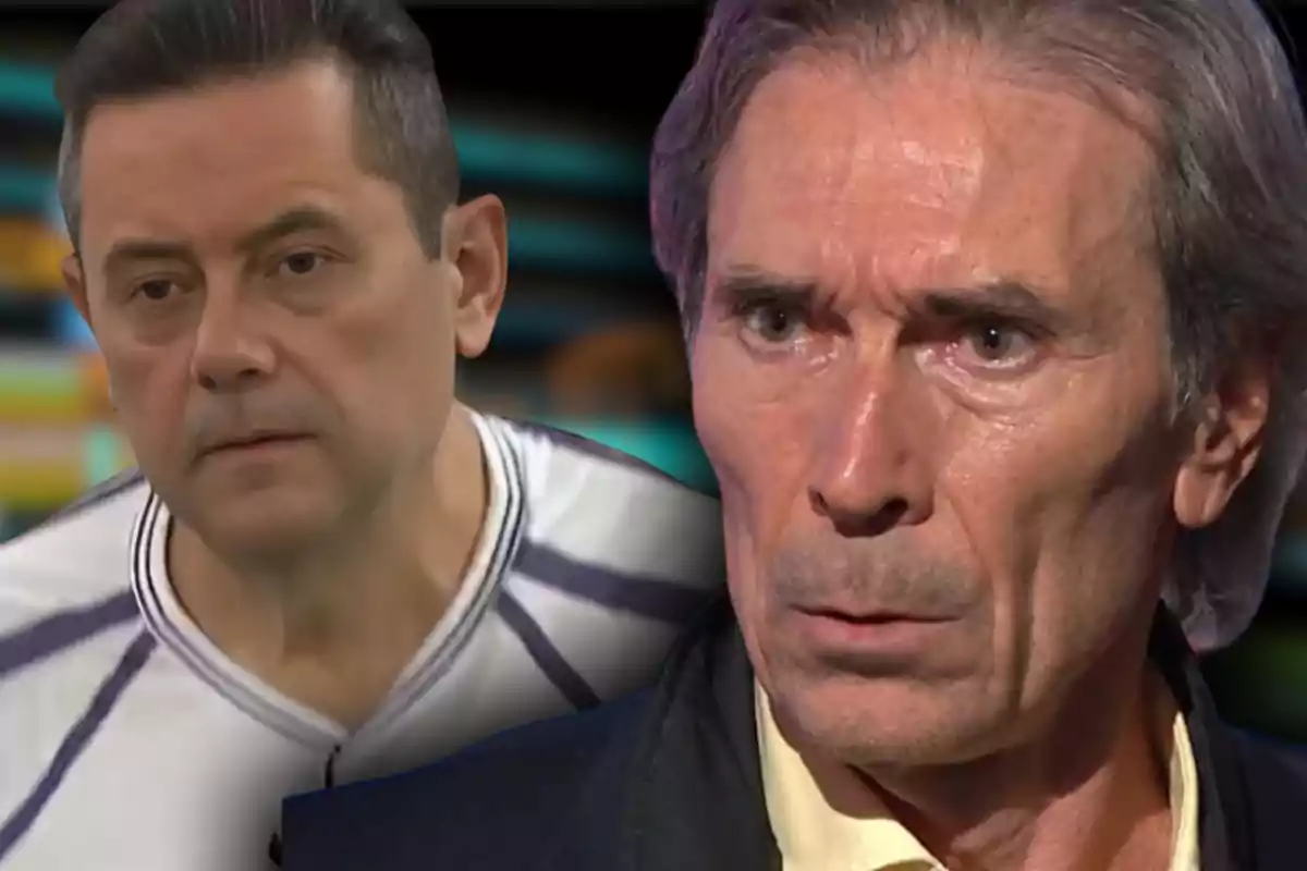 Dos hombres con expresiones serias y fondo desenfocado