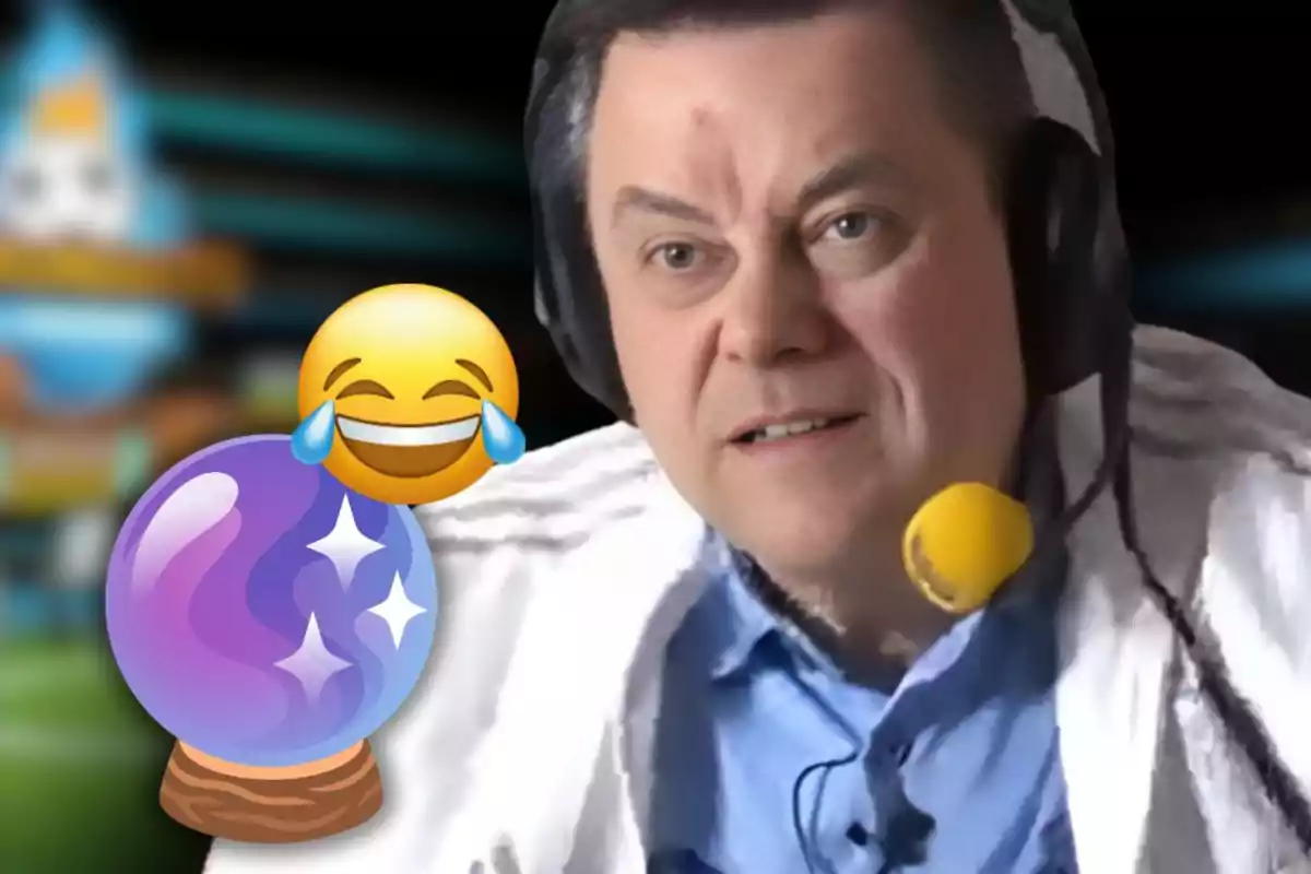 Home amb auriculars i micròfon groc, acompanyat d’un emoji de riure i una bola de vidre en primer pla