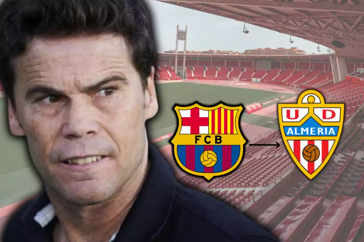Rubi y los escudos de FC Barcelona y UD Almería