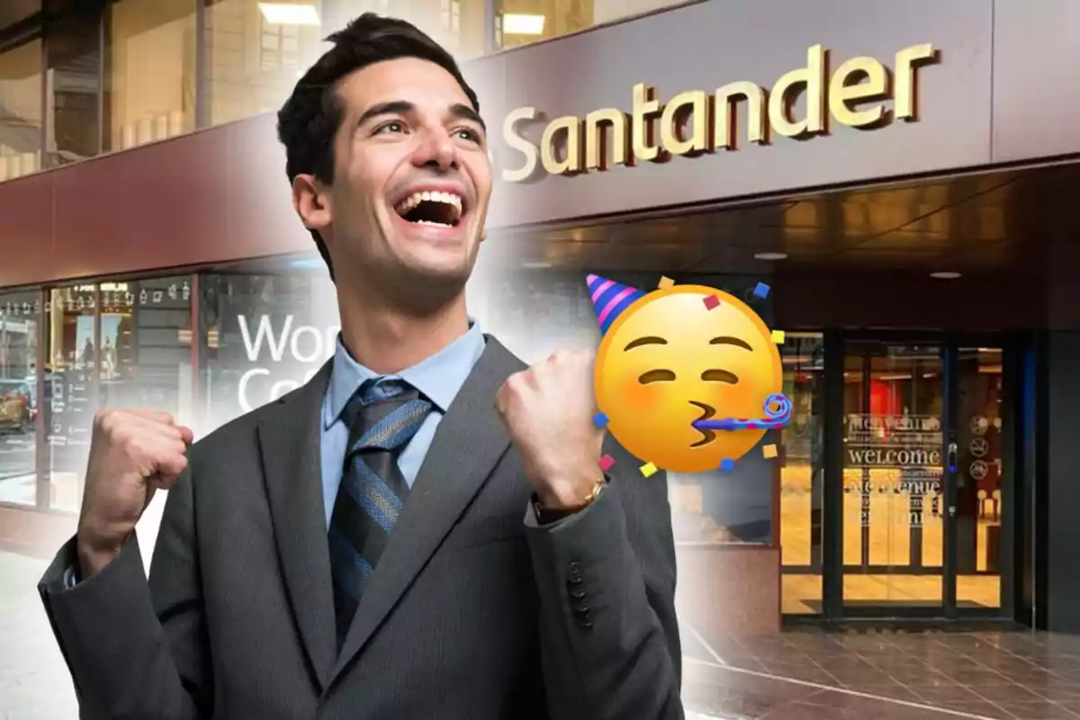 Hombre sonriente con traje celebrando frente a una sucursal de Santander acompañado de un emoji de fiesta
