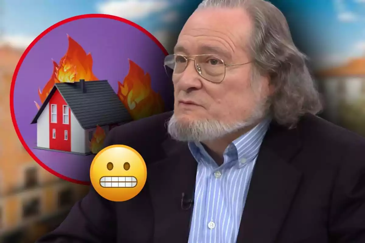 Home de cabells canosos i ulleres amb expressió seriosa, al fons un gràfic d’una casa en flames i un emoji de cara nerviosa