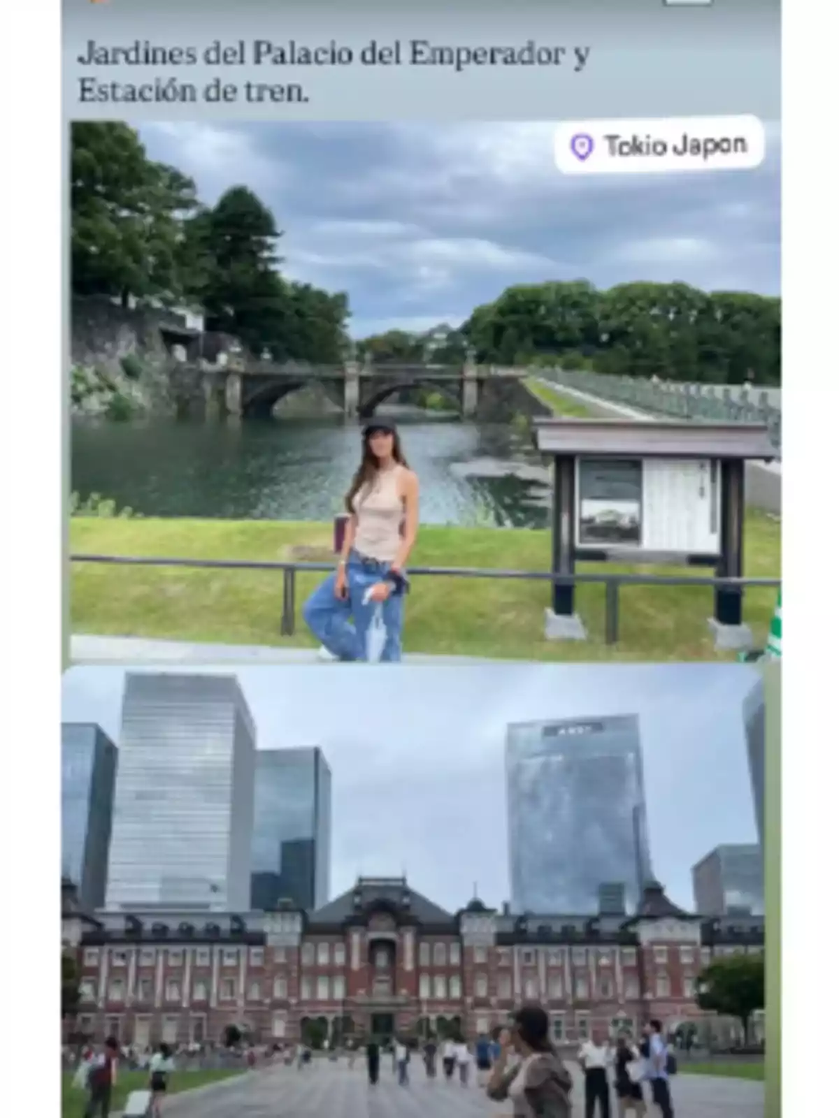 Sara Carbonero posa davant d’un llac i un pont als jardins del Palau Imperial de Tòquio i a la part inferior s’observa l’estació de tren de Tòquio amb diversos gratacels al fons i persones caminant. Sara Carbonero posa davant d’un llac i un pont als jardins del Palau Imperial de Tòquio i a la part inferior s’observa l’estació de tren de Tòquio amb diversos gratacels al fons i persones caminant.