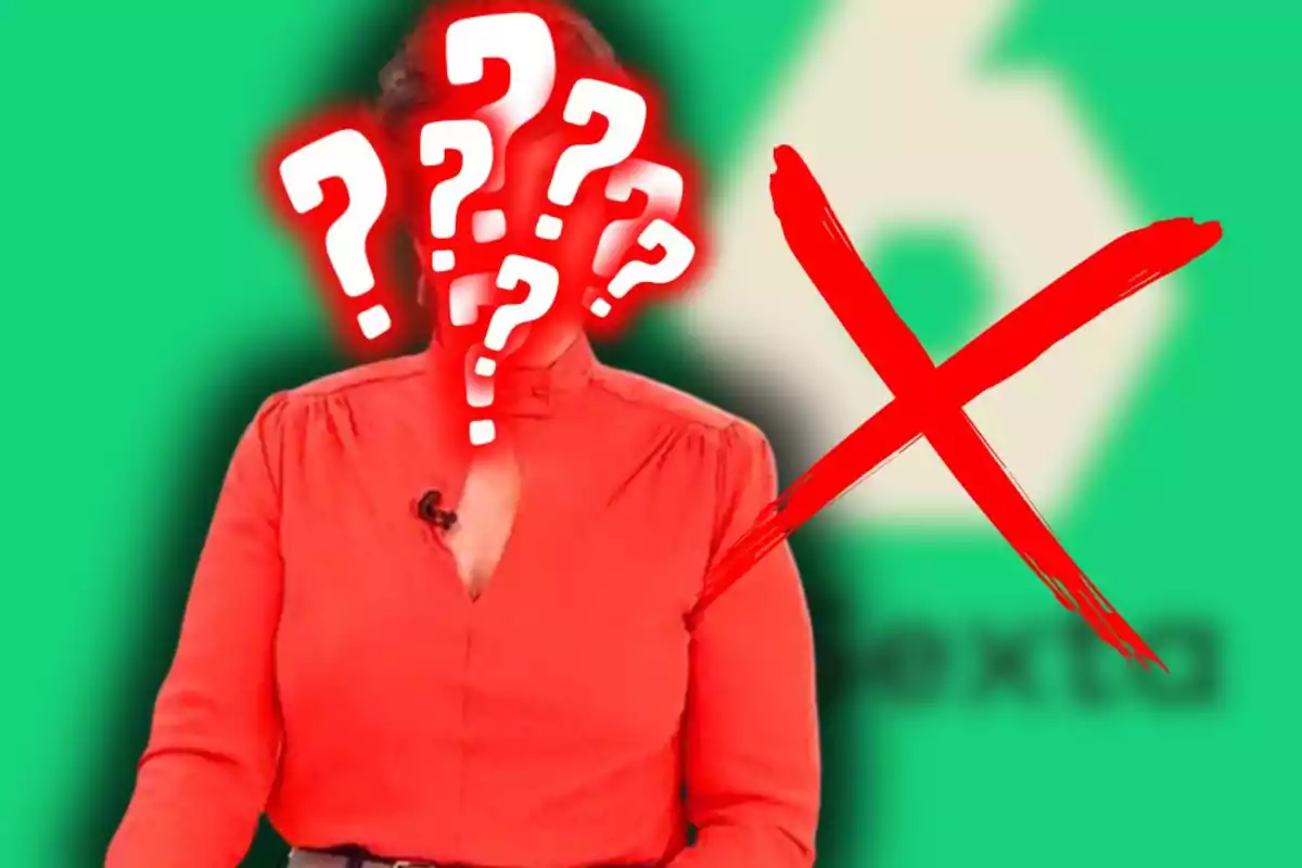 Persona con camisa roja y rostro cubierto por signos de interrogación junto a una gran equis roja sobre un fondo verde